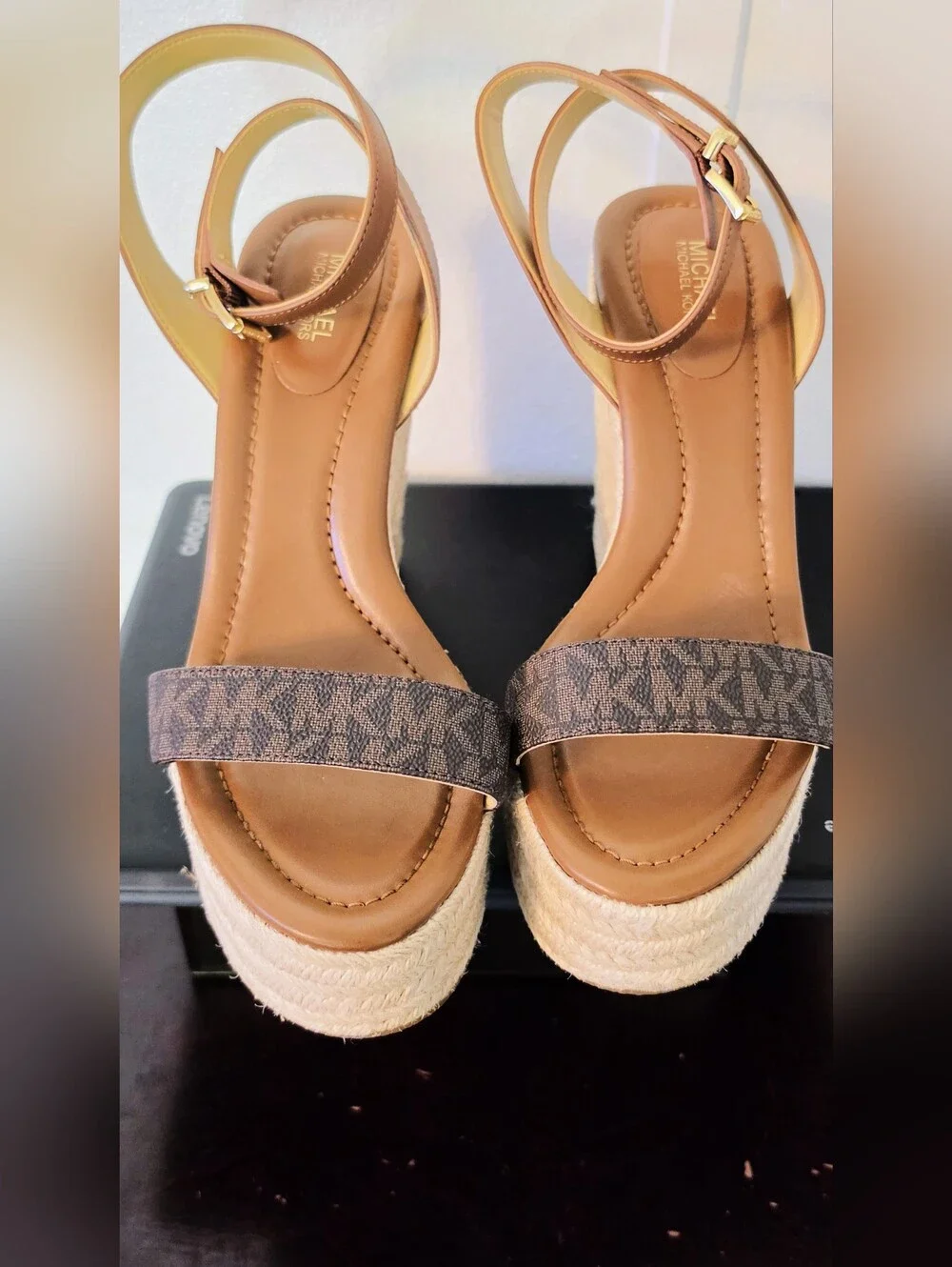 Michael Kors Tan Espadrille Platform Sandals with Signature Canvas Strap